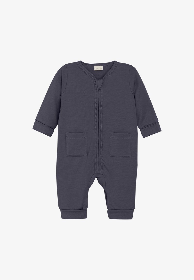 Grau Baumwoll-Overall mit langen Ärmeln, Frontreißverschluss und zwei Vordertaschen. Bündchen an den Handgelenken und Knöcheln für einen snug fit.