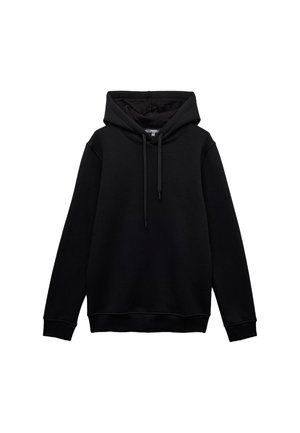 Zwarte hoodie gemaakt van zachte stof, met een voorzak in kangoeroestijl, verstelbare koord en geribde manchetten en zoom.