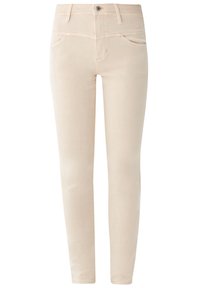 Pantalon beige slim fit avec poches avant, passants pour ceinture et fermeture par bouton, présenté sur fond blanc.