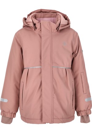 Rosa isolierte Jacke mit Kapuze, ausgestattet mit einem Reißverschluss vorne, silbernen reflektierenden Akzenten und Seitentaschen. Weicher, glatter Außenstoff.