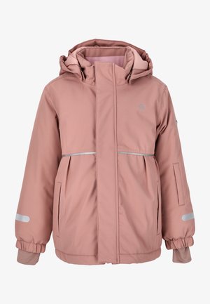 Vaaleanpunainen eristetty takki, jossa on huppu, edessä vetoketju, hopeiset heijastavat yksityiskohdat ja sivutaskut. Pehmeä, sileä ulkopinta.