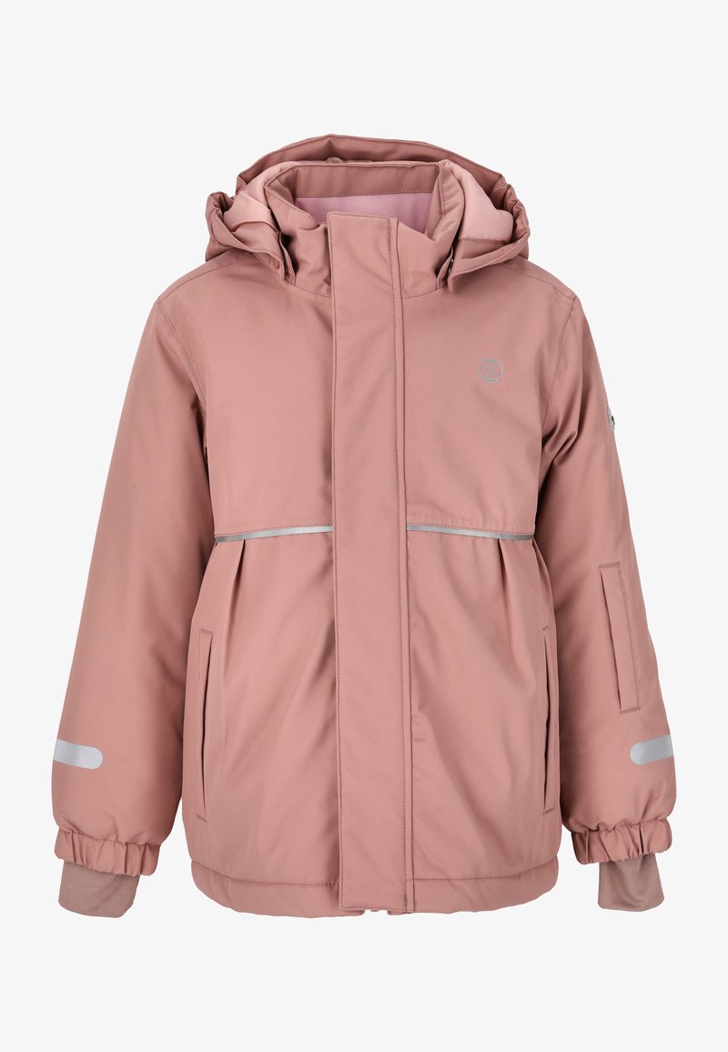 Rosa isolerad jacka med huva, med en framzipper, silverreflekterande accenter och sidofickor. Mjuk, slät yttertyg.