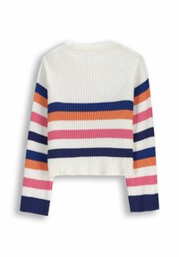Biały sweter w prążki typu crop z wielokolorowymi poziomymi paskami w odcieniach granatu, różu, pomarańczy i czerwieni. Posiada długie rękawy oraz okrągły dekolt.