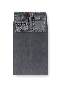 Gray corduroy skirt with a ribbed texture, featuring two front pockets, a zip closure with a red accent, and a fitted design.