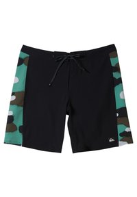 Zwarte zwembroek met een teal en bruine camouflageprint aan de zijkanten. Voorzien van een trekkoord aan de voorkant en een klein logo op het onderbeen.