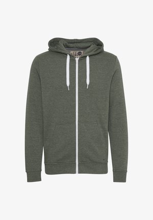 Grijs-groene zip-up hoodie met een trekkoordcapuchon, voorzakken en witte ritssluiting. Beschikt over een zachte textuur en ribgebreide mouwen en onderkant.