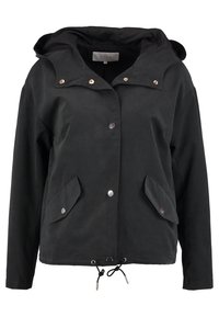 Black hooded jacket made from a smooth fabric, featuring snap buttons, front pockets with flaps, and drawstring hem details.