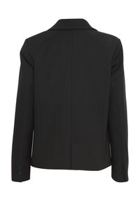 Blazer noir cintré avec manches longues, deux boutons sur chaque poignet, col structuré et couture droite au dos.