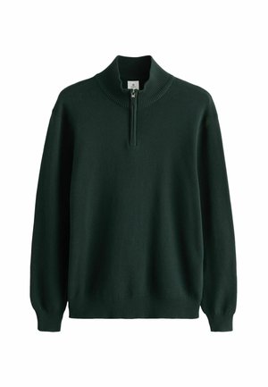 Pólo de punto verde oscuro con un alto cuello y cremallera de medio largo, que presenta puños y dobladillo acanalados para un acabado texturizado.