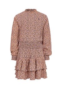 Jurk met lange mouwen, een gerimpelde zoom, een aangesloten taille en een roze-paars abstract patroon op een zwarte achtergrond.