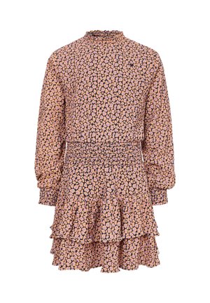 Jurk met lange mouwen, een gerimpelde zoom, een aangesloten taille en een roze-paars abstract patroon op een zwarte achtergrond.