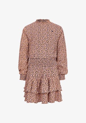 Jurk met lange mouwen, een gerimpelde zoom, een aangesloten taille en een roze-paars abstract patroon op een zwarte achtergrond.