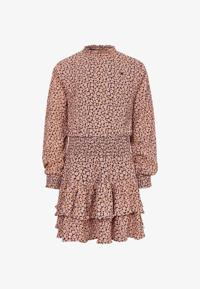 Jurk met lange mouwen, een gerimpelde zoom, een aangesloten taille en een roze-paars abstract patroon op een zwarte achtergrond.