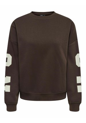 Mørkebrun langærmet sweatshirt med ribbet manchetter og kant, med store hvide blokbogstaver på begge ærmer.
