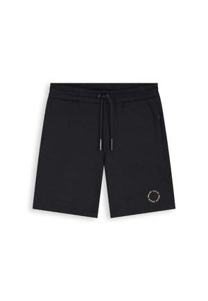 Zwarte casual shorts met elastische tailleband en trekkoord, zijzakken en een klein circulair logo nabij de onderste zoom aan de linkerpijp.