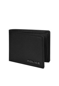 Portafoglio in pelle nera con superficie testurizzata, design a due pieghe e logo "POLICE" in argento sulla parte anteriore, dotato di diverse tasche per carte.