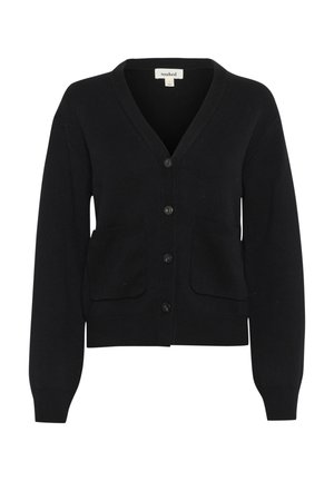 Black cardigan with a V-neckline, button front, and two front pockets. Ribbed cuffs and hem. Made from textured knit fabric.