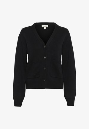 Cardigan negru cu decolteu în V, închidere cu nasturi și două buzunare frontale. Mansete și tiv cu fir în dungi. Fabricat dintr-un material texturat tricotat.