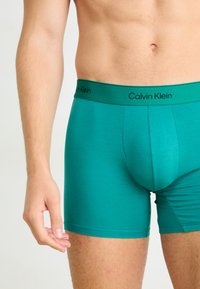 Zöld pamut bokszert együttérő rugalmas derékkal, amelyen a "Calvin Klein" zokni fekete felirata található. Közeli felvétel a szabásról és a textúráról.