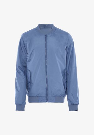 Sinine nailonkangas bomber-jakk, ribbed mansettide ja krae tähendavad, millel on täispikk eesmine tõmblukk ja küljetaskud praktilisuse jaoks.