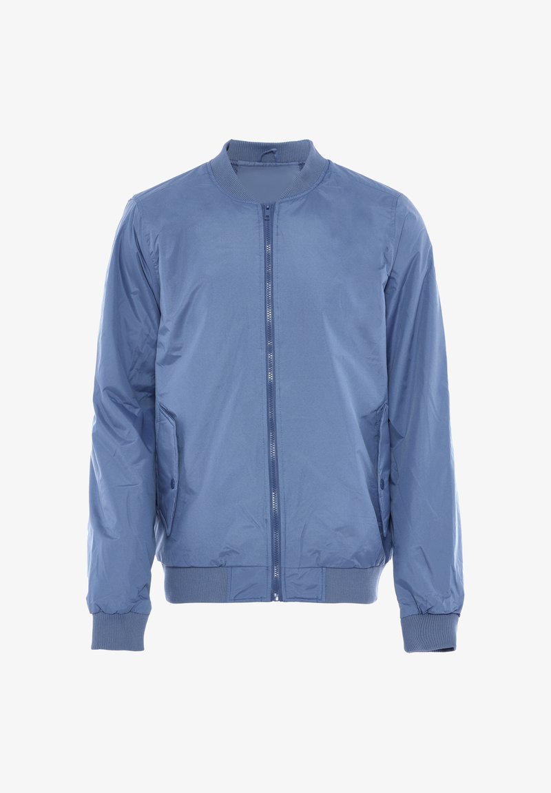 Mėlynas nailono bomber tipo švarkas su raukšlėmis ant rankovių ir apykaklės, turintis pilną priekinį užtrauktuką ir šonines kišenes patogumui.