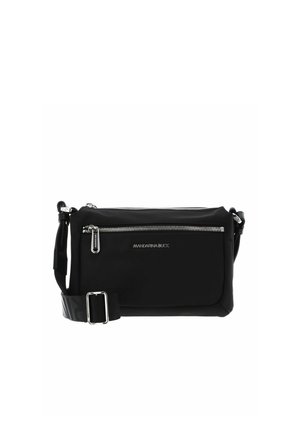 Sac bandoulière noir avec poche zippée à l'avant, fermeture éclair argentée, sangle réglable et logo "Mandarina Duck" à l'avant.
