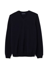 Marineblauer Pullover mit V-Ausschnitt, langen Ärmeln, gerippten Bündchen und Saum, gefertigt aus einem weichen, strukturierten Stoff. Markenetikett ist sichtbar.