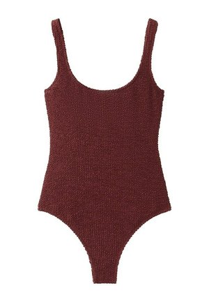 Bañador de una pieza texturizado en color burdeos con tirantes anchos y un escote redondeado tipo scoop.