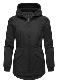 Veste noire en nylon avec capuche, fermeture éclaire sur le devant, poignets élastiques et deux poches latérales. Inclut une taille cintrée et un ourlet arrière plus long.