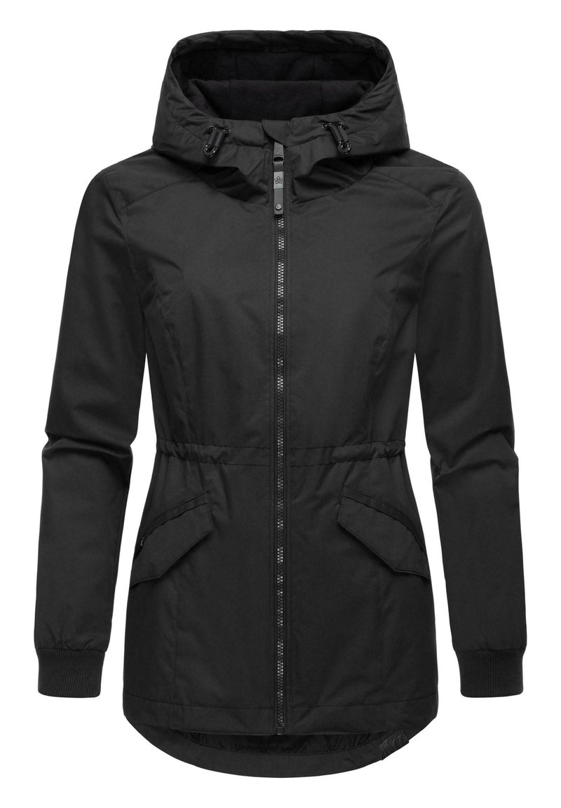 Veste noire en nylon avec capuche, fermeture éclaire sur le devant, poignets élastiques et deux poches latérales. Inclut une taille cintrée et un ourlet arrière plus long.
