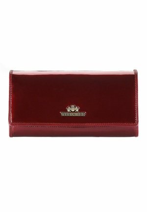Red leather wallet with a glossy finish, featuring a metal logo plaque. Rectangular shape with a fold-over design and stitched edges.