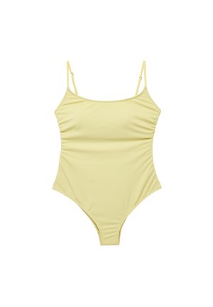 Costume intero giallo pallido con sottili spalline regolabili e sottile arricciatura laterale, disteso su sfondo bianco.