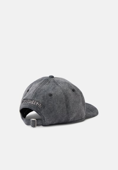 Gray fabric baseball cap with a curved brim, embroidered lettering on the back, and a adjuster strap for size fitting.