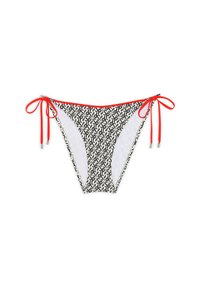 Majtki bikini w czarno-białym wzorze, z czerwonymi akcentami i wiązaniami po bokach oraz białą podszewką. Akcenty na wiązaniach dodają detalu.