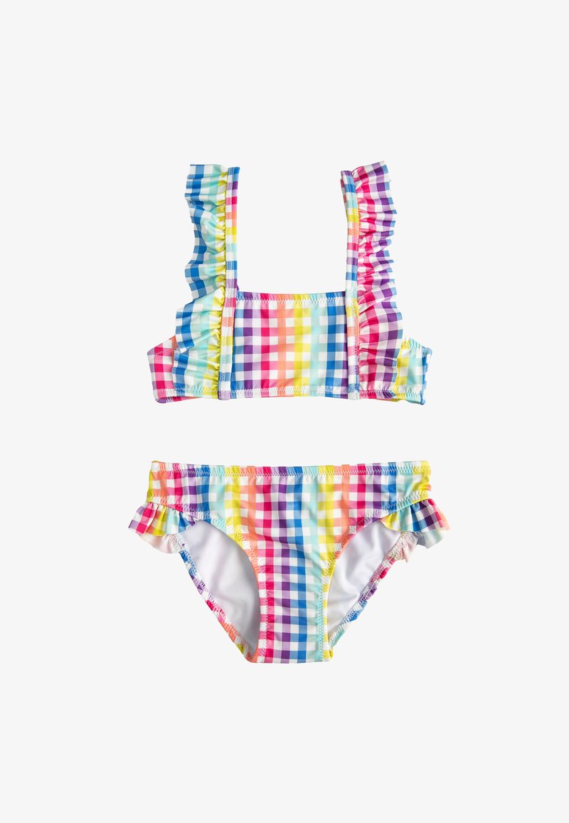 Wielokolorowy zestaw bikini w kratkę, z falbanami na ramiączkach i brzegach, w różowych, niebieskich, żółtych i fioletowych kwadratach na białym tle.