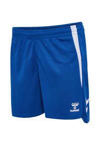 Niebieskie sportowe szorty z białymi paskami po bokach, elastycznym pasem i małym białym logo hummel na przedniej, dolnej prawej stronie.