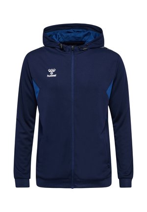 Marineblauwe hoodie-jack van een lichtgewicht materiaal met blauwe accenten, volledige rits en verstelbare trekkoordkap. Bevat een logo op de borst.