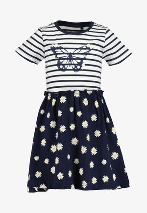 Gestreepte jurk met een vlinderprint op de bovenkant en een marineblauwe rok versierd met witte madeliefjes. Van katoen met een geplooide taille.