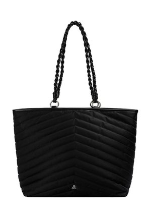 Bolso tote negro acolchado con costuras en forma de chevron, asas dobles trenzadas y pequeño logo de calavera y huesos cruzados en el centro inferior.