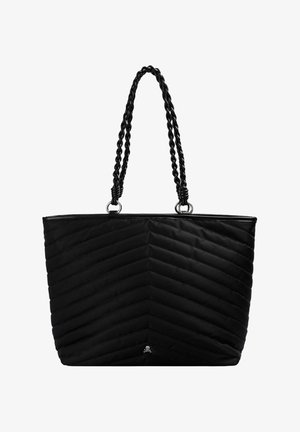 Bolso tote negro acolchado con costuras en forma de chevron, asas dobles trenzadas y pequeño logo de calavera y huesos cruzados en el centro inferior.