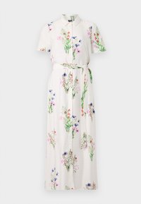 Floral maxi dress with short sleeves, white base, button-front, and fabric tie belt. Features colorful flower print and soft texture.