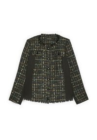 Giacca in tweed nera con macchie multicolori, dotata di un bordo frangiato, chiusura a bottoni e due tasche a pattina sul davanti.