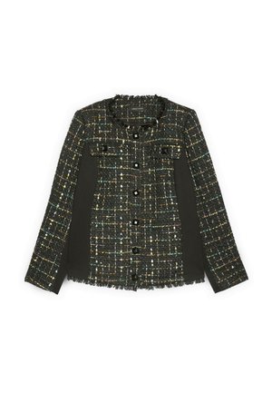 Schwarze Tweedjacke mit mehrfarbigen Sprenkeln, versehen mit Fransenbesatz, Knopfverschlüssen und zwei aufgesetzten Taschen auf der Vorderseite.