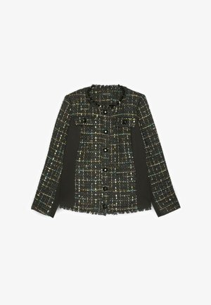 Giacca in tweed nera con macchie multicolori, dotata di un bordo frangiato, chiusura a bottoni e due tasche a pattina sul davanti.