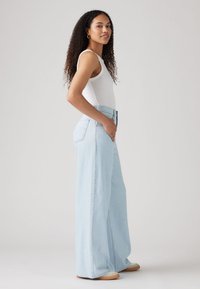 Light blue wide-leg jeans with a high waist, made from denim. Features standard pockets and a clean, unembellished design.