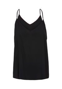 Top senza maniche nero con scollatura a V, dotato di spalline regolabili e di un bordo rosa a contrasto lungo il colletto. Tessuto morbido.