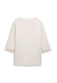 Maglietta a maniche lunghe color avorio con polsini arrotolati, scollatura a girocollo e orlo dritto, esposta su uno sfondo bianco.