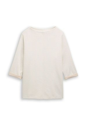 Off-white, geripptes Langarmshirt mit umgeschlagenen Bündchen, Rundhalsausschnitt und geradem Saum, vor einem weißen Hintergrund präsentiert.