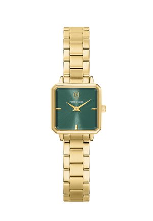 Guldmetalarmbåndsur med grøn firkantet urskive, minimalistiske guldbogstaver og guld time- og minutviser, mærket Pierre Lannier.