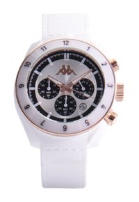 Orologio da polso bianco con cassa tondeggiante, dettagli in oro rosa, un quadrante argento e nero, e tre sotto-quadranti neri. Presenta un cinturino bianco testurizzato.